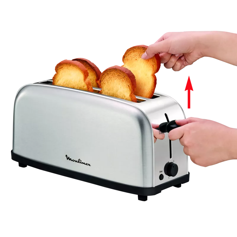 TOSTADOR MOULINEX CLASSIC 2 LS330D11 INOX 1400W plateado con diseño moderno, capaz de tostar 2 rebanadas a la vez.