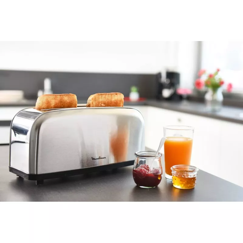 TOSTADOR MOULINEX CLASSIC 2 LS330D11 INOX 1400W con acabado en acero inoxidable y ranuras para dos rebanadas.
