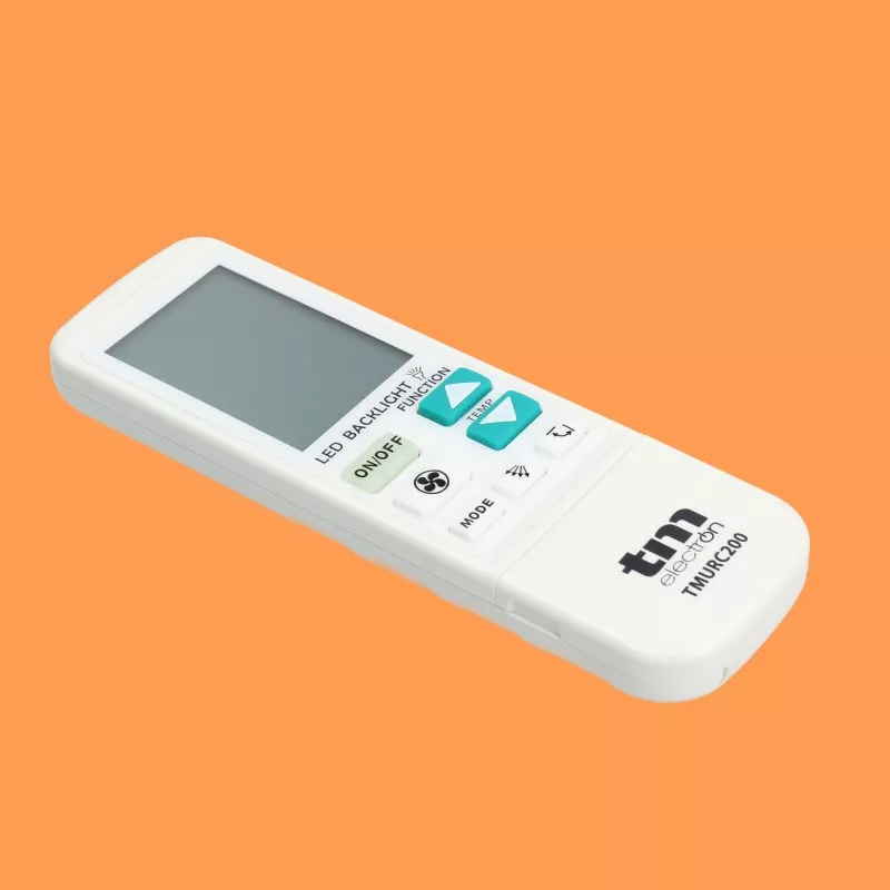 Mando aire acondicionado TM Electron TMUR C200 blanco con pantalla LCD y botones de control intuitivos.