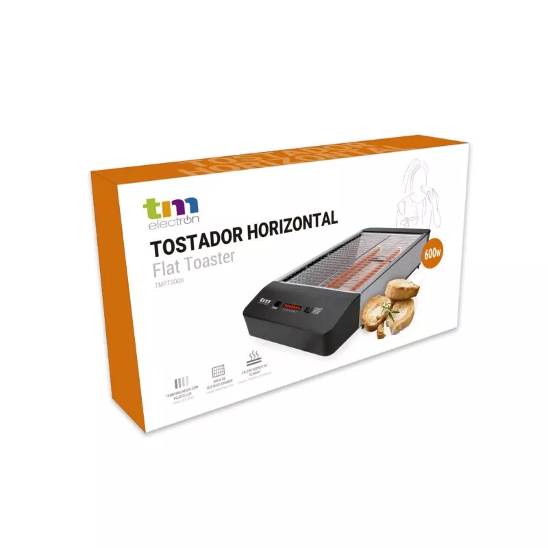 Tostador TM TMPTS006 negro horizontal con diseño plano y capacidad para múltiples rebanadas de pan.