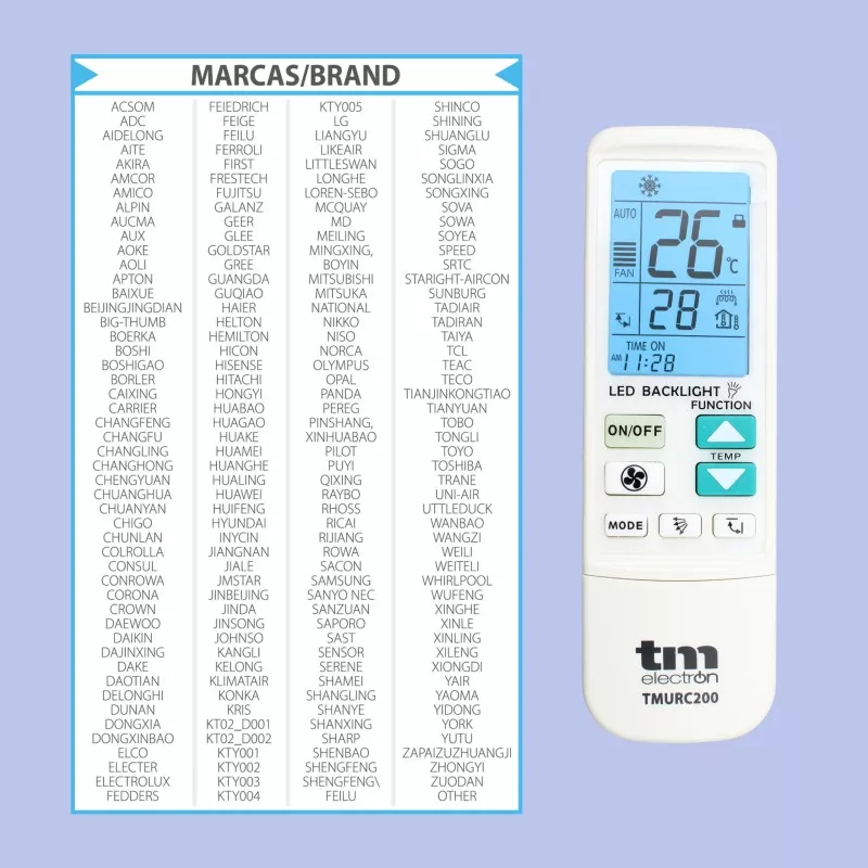 Mando aire acondicionado TM Electron TMUR C200 blanco con pantalla LED y botones de control digital.