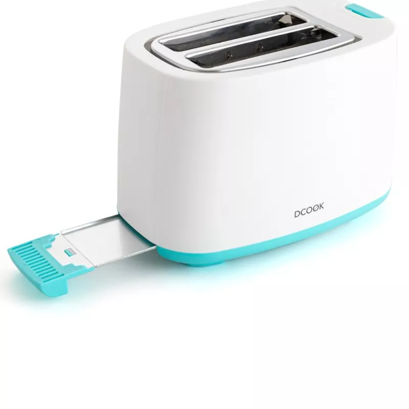 TOSTADOR DOBLE RANURA DCOOK BCO 5426810 blanco y aqua con diseño moderno y bandeja de migas extraíble.
