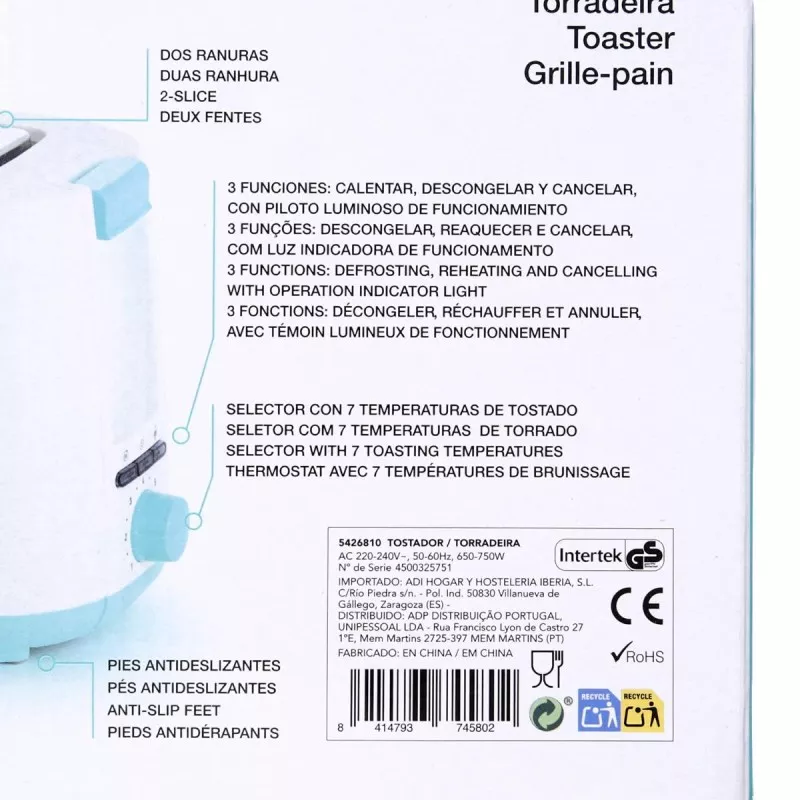 TOSTADOR DOBLE RANURA DCOOK BCO 5426810 blanco con 7 niveles de tostado y función de cancelar, diseño moderno y funcional.