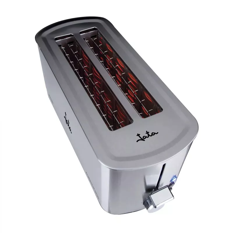 Tostador Jata TT1046 inox doble ranura 1400 W con acabado brillante y diseño moderno en acero inoxidable.
