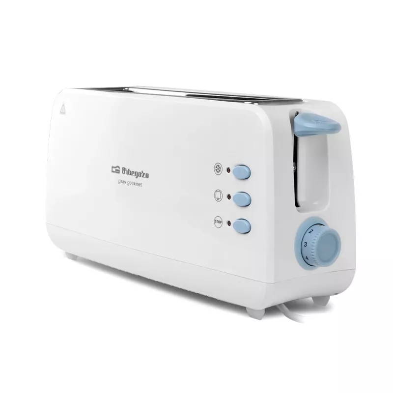 TOSTADOR ORBEGOZO TO 4012 BCO de color blanco con dos ranuras, diseño clásico y controles mecánicos.