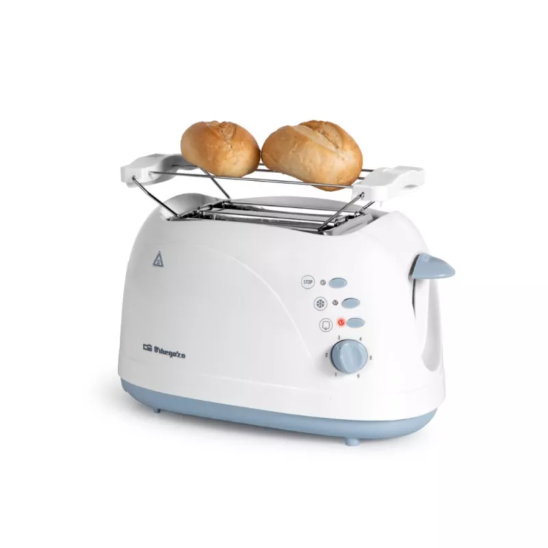TOSTADOR ORBEGOZO TO 3010 BCO blanco con diseño compacto y capacidad para dos rebanadas de pan.