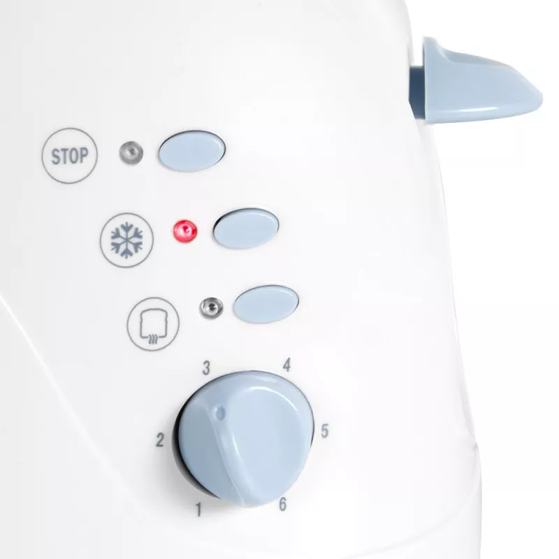 TOSTADOR ORBEGOZO TO 3010 BCO blanco con mandos azules y funciones ajustables para un tostado perfecto.