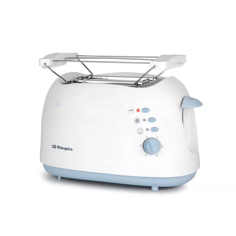 TOSTADOR ORBEGOZO TO 3010 BCO blanco y azul, con selector de tostado y capacidad para dos rebanadas.