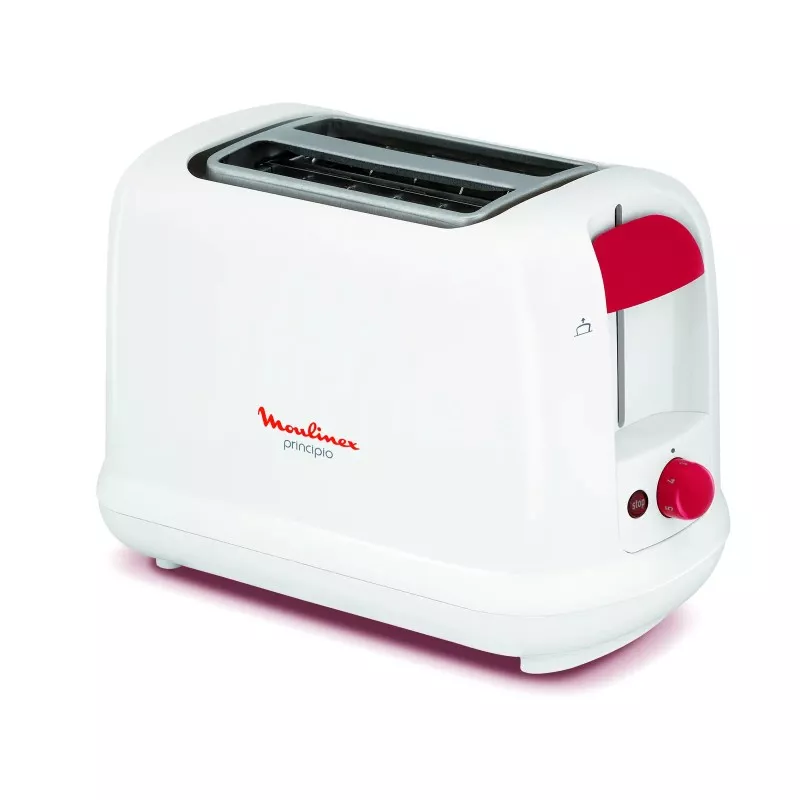 TOSTADOR MOULINEX ACCES. LT160111 PRINCIPIO blanco con asas rojas y acabado mate, ideal para tostar pan.