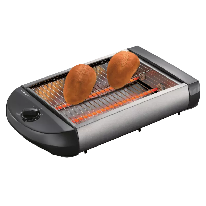 TOSTADOR NEVIR NVR-9813 T HORIZONTAL compacto en acero inoxidable con parrilla para panes y control de temperatura.