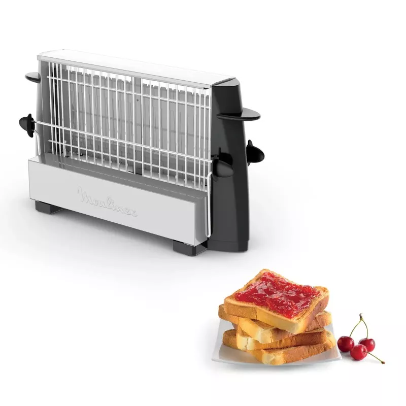 Tostador Moulinex A15453 Multiplan negro y acero inox, diseño clásico, para 4 rebanadas y fácil limpieza.