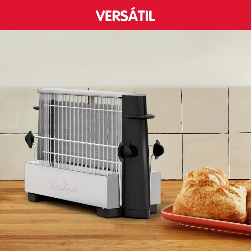 TOSTADOR MOULINEX A15453 MULTIPLAN de diseño versátil en blanco y negro, ideal para diferentes tipos de pan.