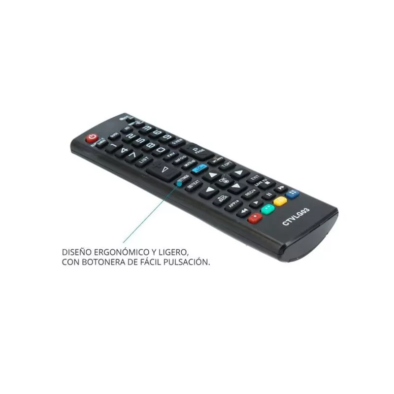 MANDO TV L.G. CTVLG03 negro con diseño ergonómico y ligero, botones de fácil pulsación para un manejo cómodo.