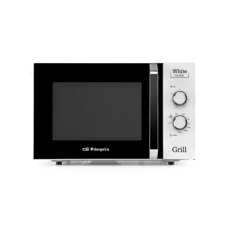 MICROONDAS ORBEG. MIG 3021 30 L. C/GRILL negro con diseño moderno y panel de control mecánico en plata.