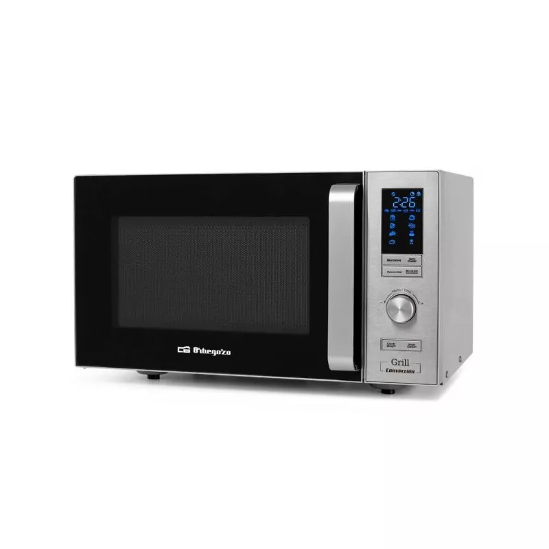 Microondas Orbeg MIG 2528 CO 25 L inox con diseño moderno y panel digital azul, acabado en acero inoxidable.