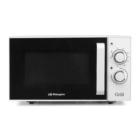 Microondas Orbegozo MIG 2531 25 L grill blanco con diseño compacto y acabados en acero inoxidable.