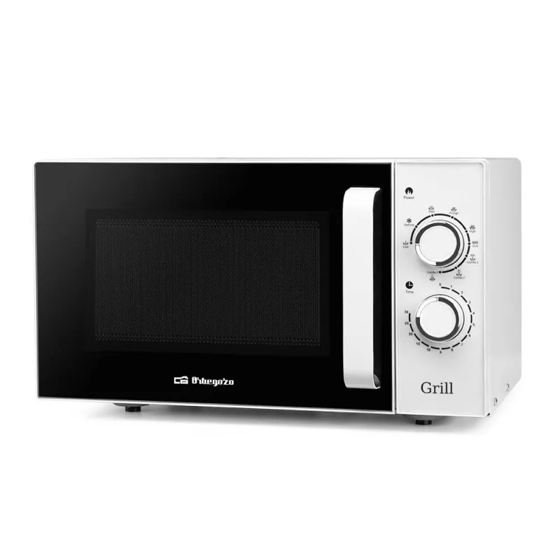 Microondas Orbegozo MIG 2531 25 L grill blanco con diseño elegante y acabados en acero inoxidable.