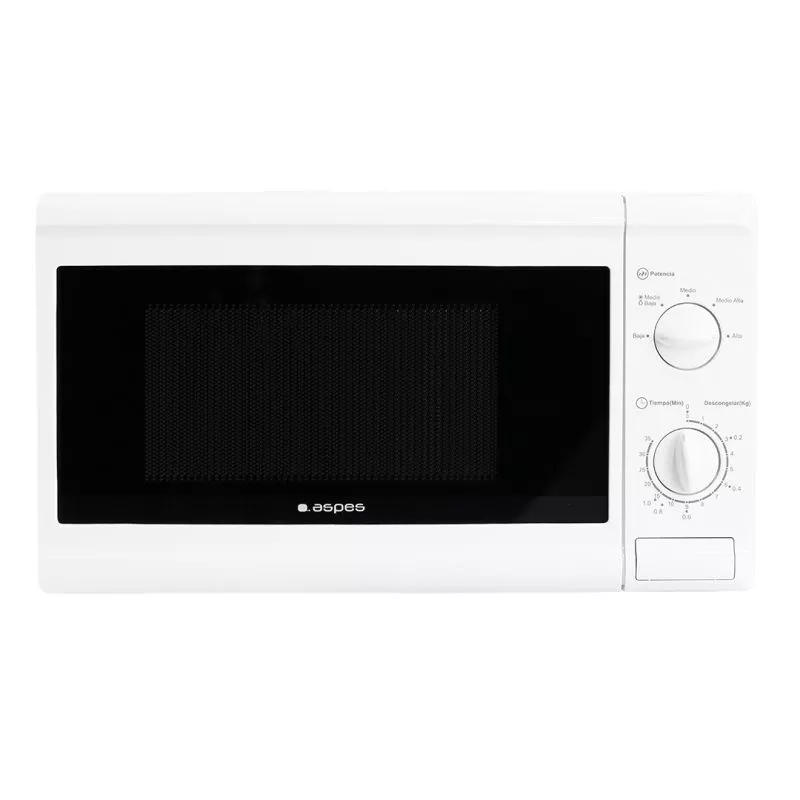 Microondas Aspes AMW2700G 20 L grill blanco con diseño moderno y acabado en plástico brillante.