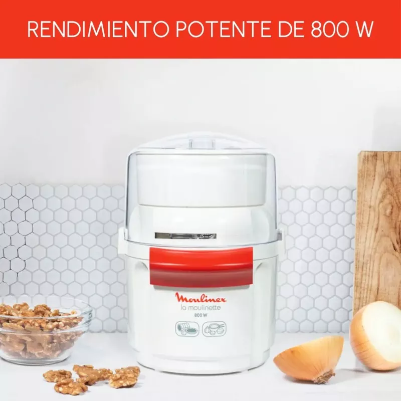 PICADORA MOULINEX AD560120 800W compacta blanca con tapa transparente y capacidad para picar diversos ingredientes.