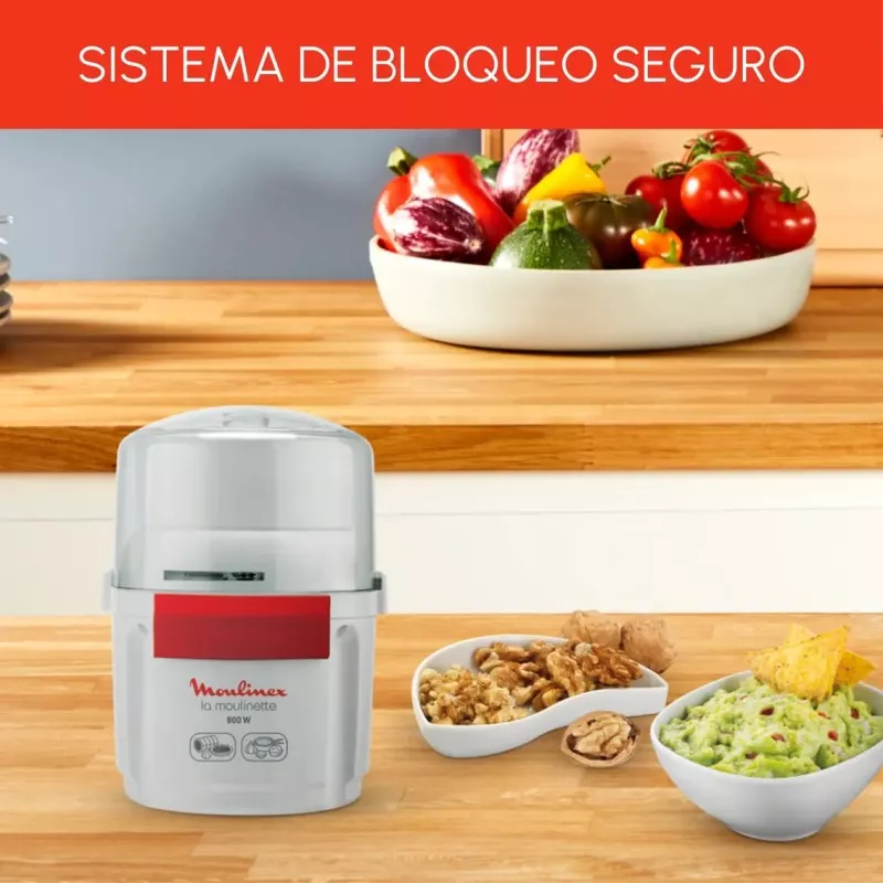 Picadora Moulinex AD560120 800W blanca, diseño compacto y versátil, con cuchillas de acero inoxidable y sistema de bloqueo segur