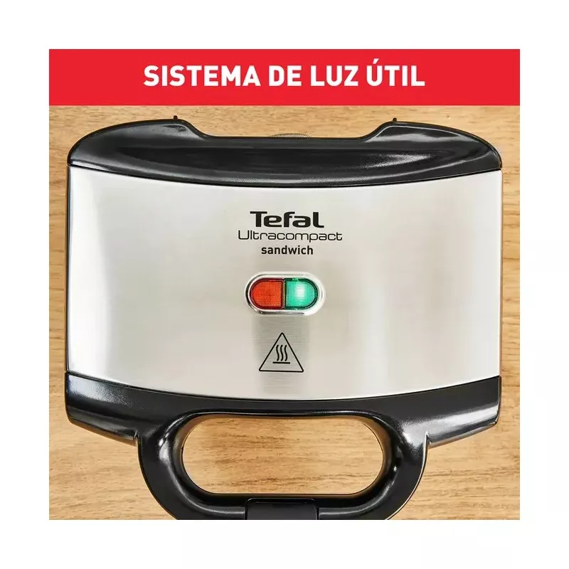 Sandwichera Tefal SM155212 Ultracompact 700 W en acero inoxidable con luces indicadores y diseño fácil de guardar