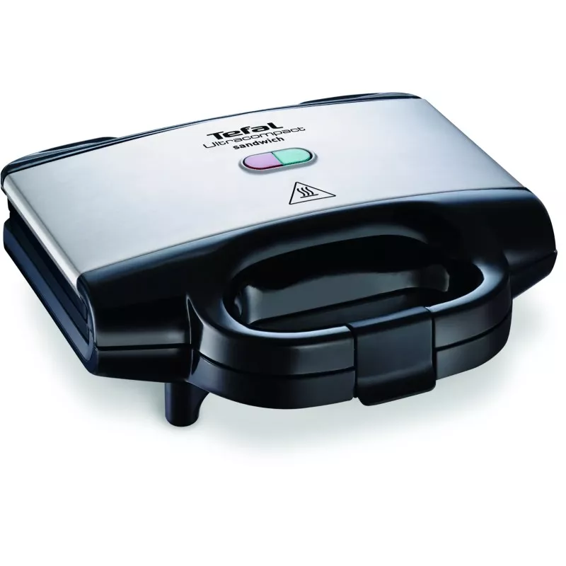 Sandwichera Tefal SM155212 Ultracompact 700 W en color negro y plateado, diseño compacto y acabado antiadherente.