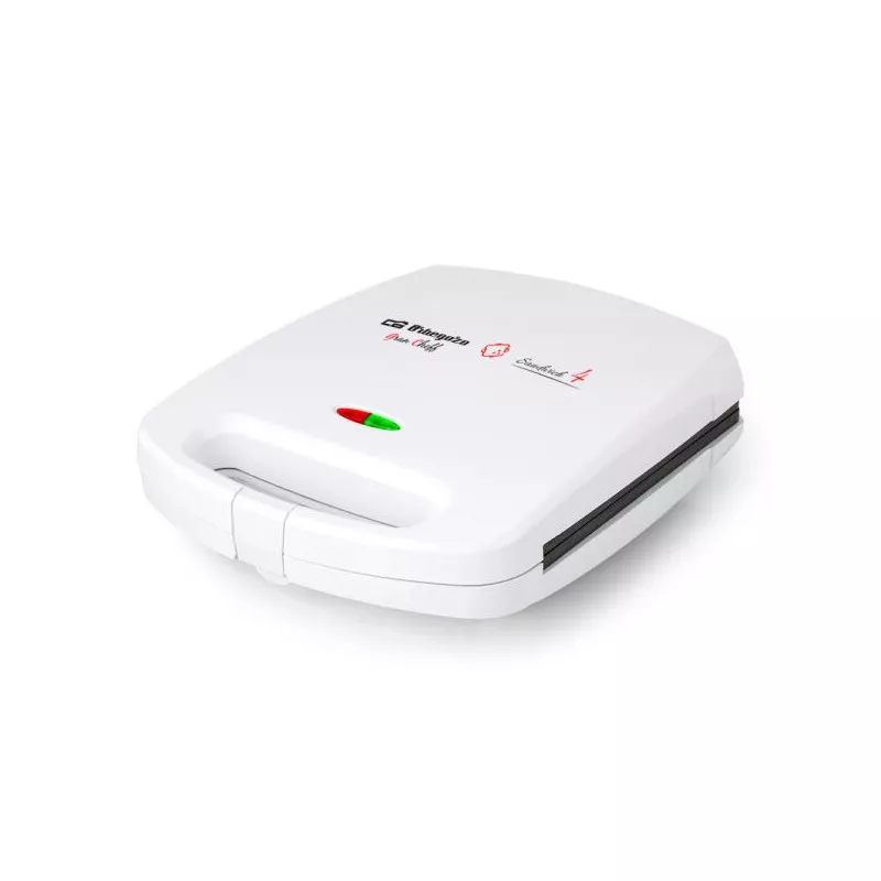 Sandwichera Orbegozo SW 7100 1500 W blanca con diseño compacto y fácil de almacenar, ideal para preparar sándwiches.