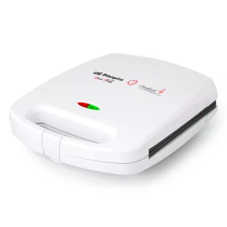 Sandwichera Orbegozo SW 7100 1500 W blanca con diseño compacto y fácil de almacenar, ideal para preparar sándwiches.