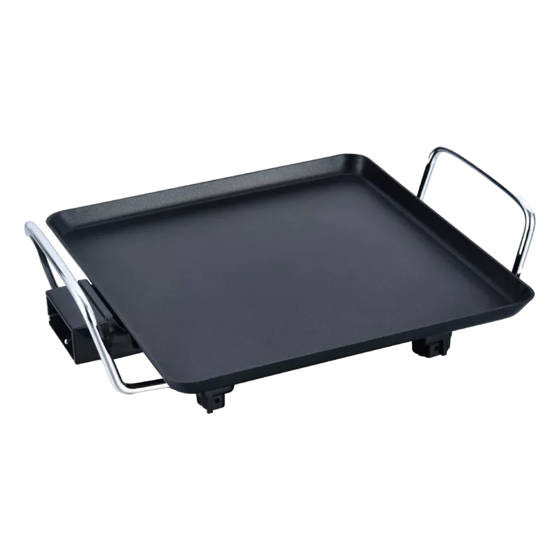 PARRILLA NEVIR NVR-9473 PGC 1500W cuadrada negra con asas y superficie antiadherente para cocinar.