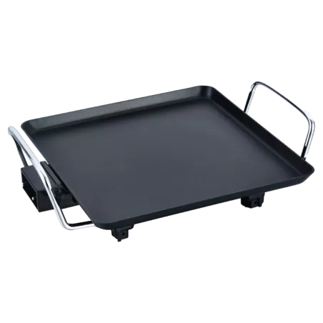 PARRILLA NEVIR NVR-9473 PGC 1500W cuadrada negra con asas y superficie antiadherente para cocinar.