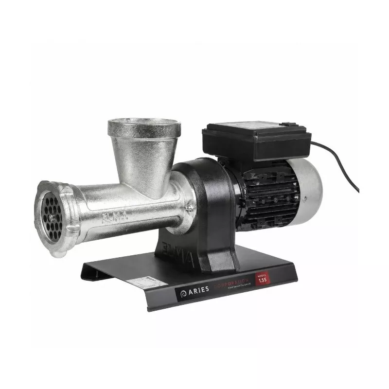 Picadora Elma Aries Revolution 1.5 S nº 32 de acero inoxidable con base negra y motor potente para carne.