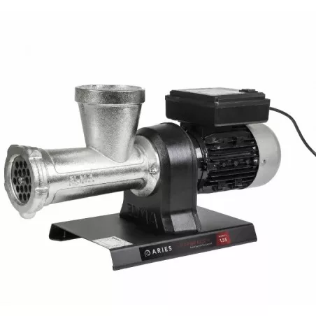 Picadora Elma Aries Revolution 1.5 S nº 32 de acero inoxidable con base negra y motor potente para carne.