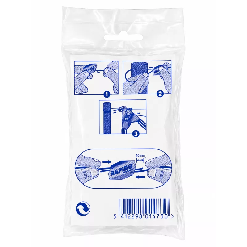 Tensor de alambre Bekaert Rapido, 20 uds, Ø 1,6-2,8 mm en envase transparente con instrucciones de uso.