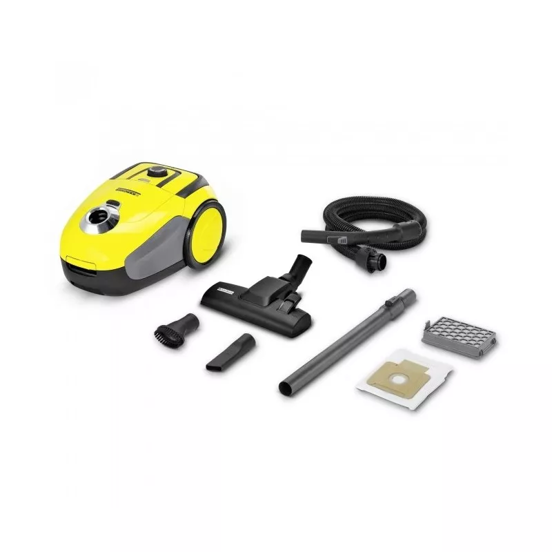 Aspiradora ASP. KARCHER VC2 11980350 con bolsa amarilla de 700W, incluye manguera y accesorios para limpieza eficiente