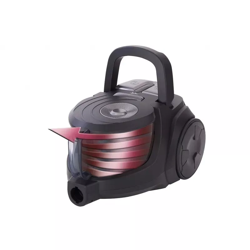 ASP. JATA AP998 S/BOLSA aspiradora enciende con potente motor, diseño compacto y color negro con detalles en rojo.