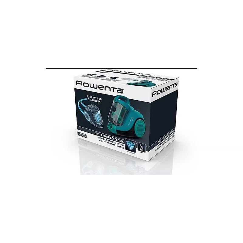 Aspirador Rowenta RO2932EA sin bolsa 900 W 1,2 L azul con diseño compacto y depósito transparente.