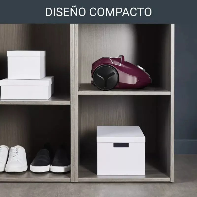 Aspirador Rowenta RO3969EA con bolsa 900 W 3 L color burdeos y diseño compacto ideal para almacenamiento.