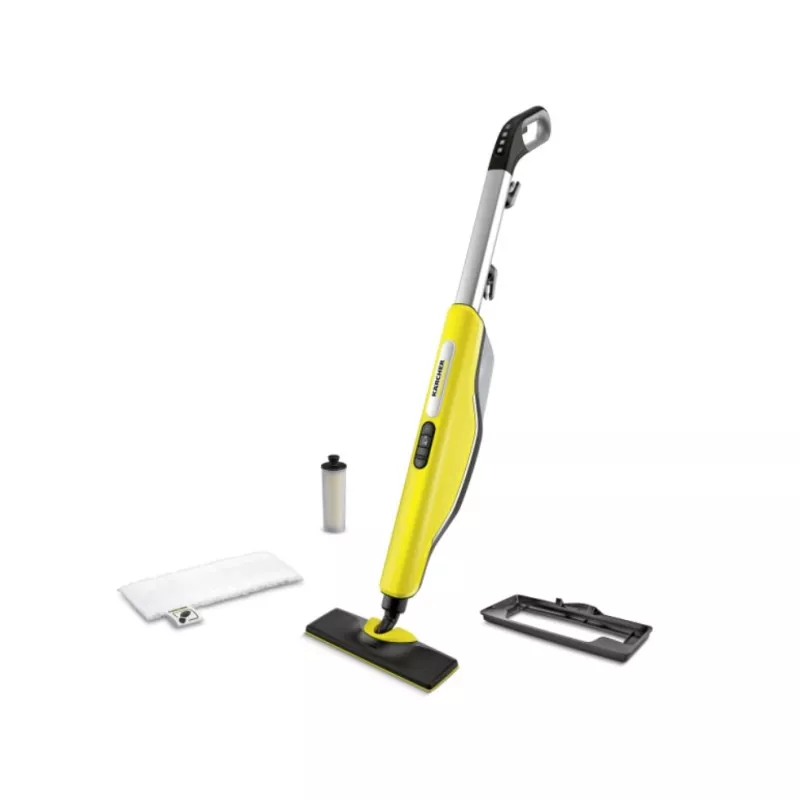 Limpiador vapor Kärcher SC 3 Upright EasyFix amarillo y gris, diseño vertical con accesorios para limpieza eficiente.