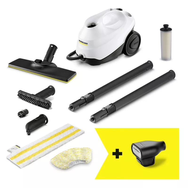 Limpiador vapor Kärcher SC 3 Upright EasyFix blanco con accesorios versátiles para limpieza eficaz de superficies duras