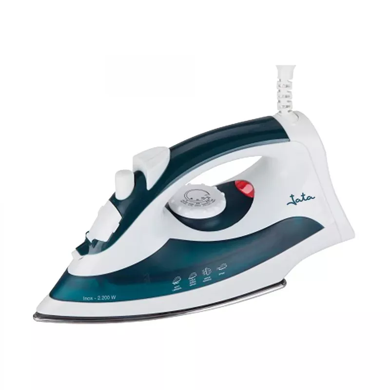 PLANCHA JATA PL120 2200 W blanca y azul con suela antiadherente y ajuste de temperatura para diferentes tipos de tejidos