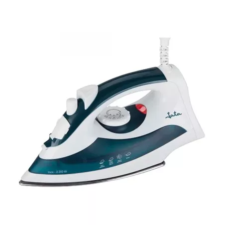 PLANCHA JATA PL120 2200 W blanca y azul con suela antiadherente y ajuste de temperatura para diferentes tipos de tejidos