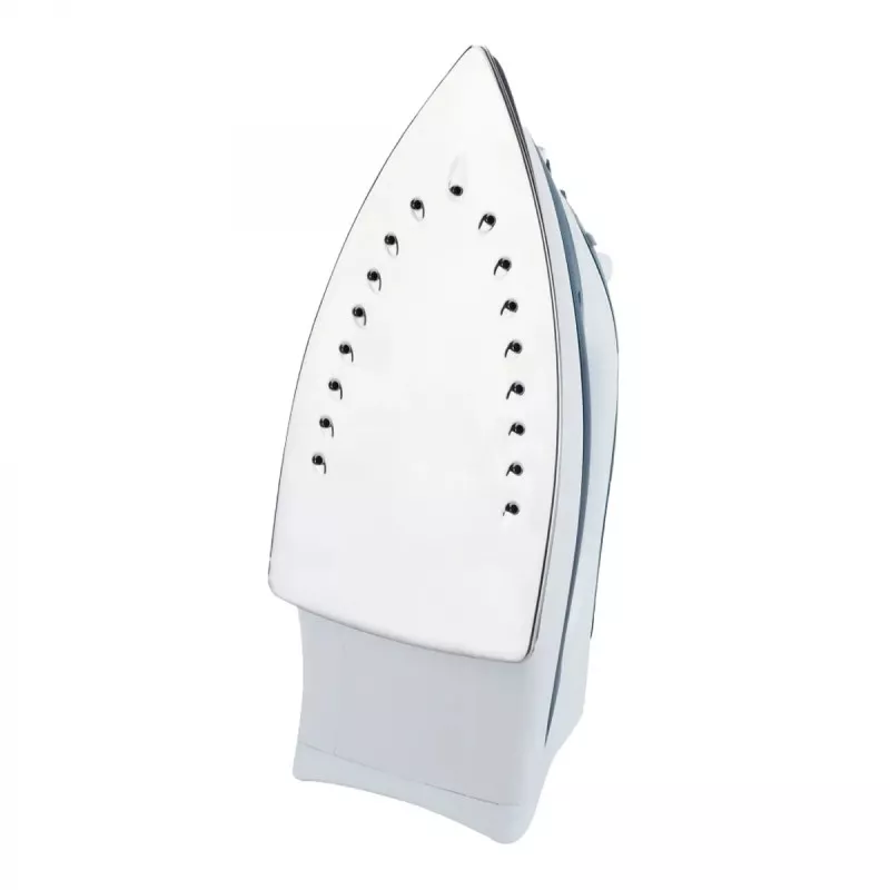 PLANCHA JATA PL120 2200 W de diseño ergonómico en color blanco y acabado brillante, con suela de acero inoxidable.