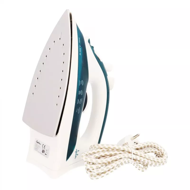 PLANCHA JATA PL120 2200 W de diseño ergonómico en blanco y azul con suela de acero inoxidable y cable de 2 metros