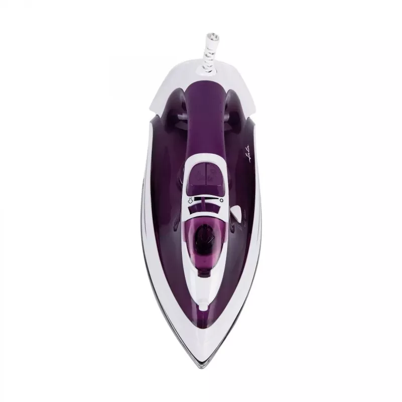 Plancha de vapor Jata PL225 2400 W con diseño ergonómico, acabado en acero inoxidable y detalles en color púrpura.