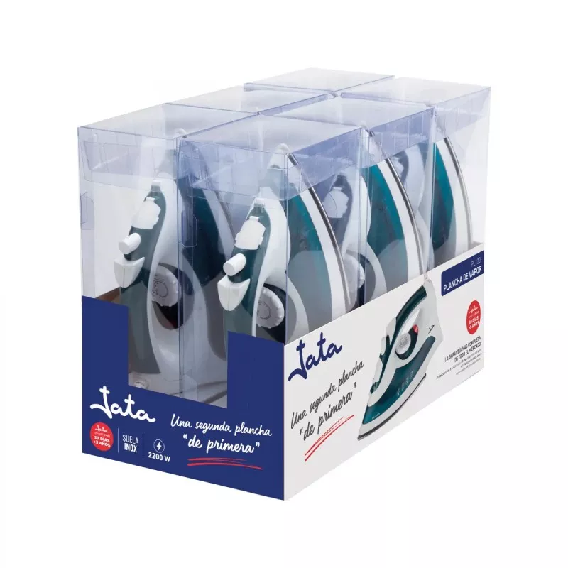Plancha de vapor Jata PL225 2400 W en acero inoxidable, diseño ergonómico y color verde con mango antideslizante.