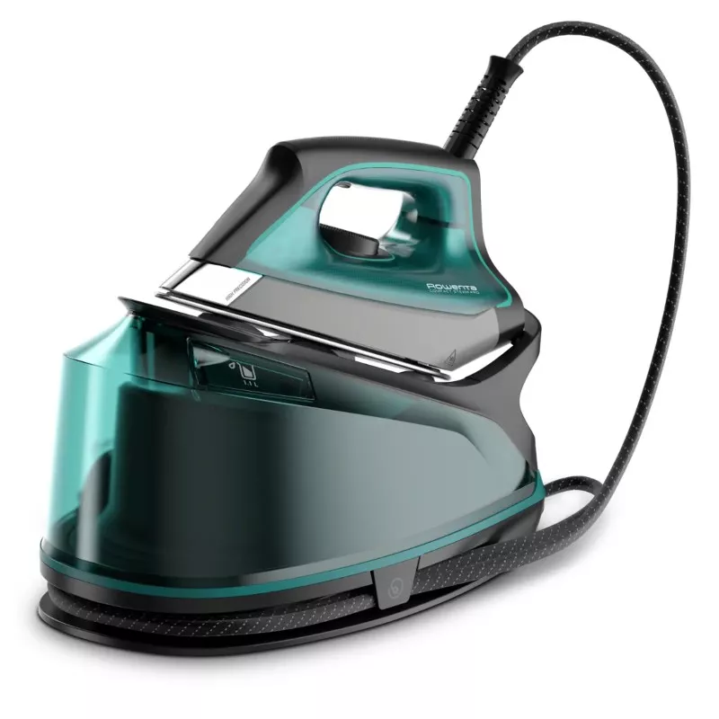 Centro planchado Rowenta DG7623F0 6,3 bar con tanque azul transparente y base de acero inoxidable para un planchado eficiente.