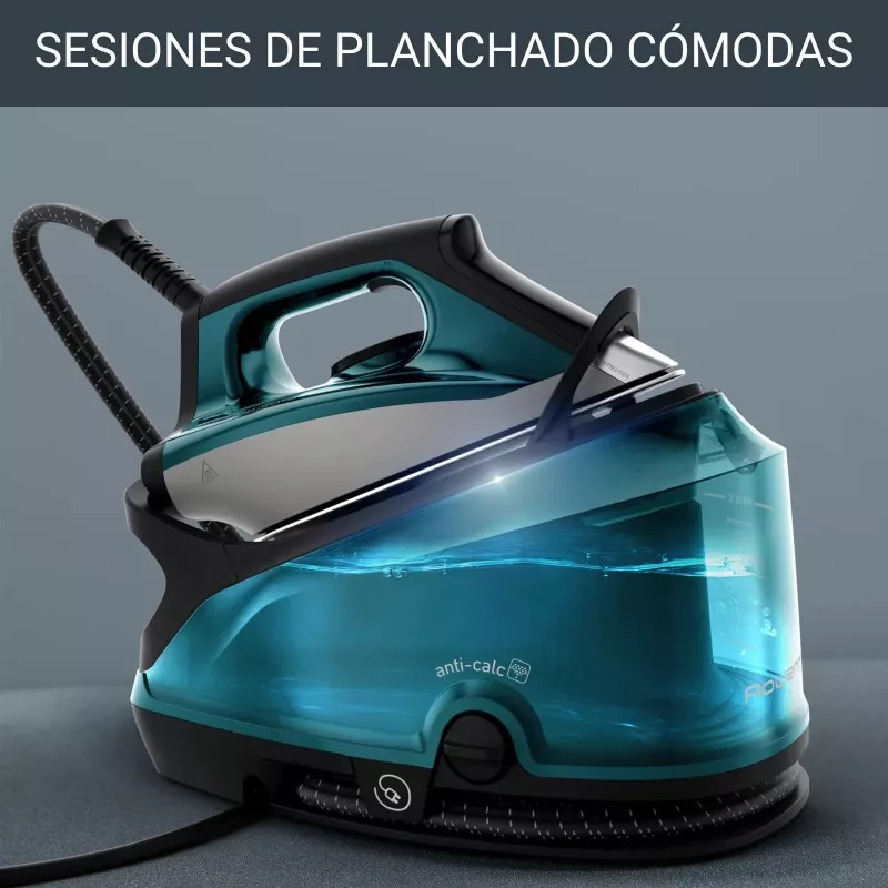 Centro planchado Rowenta DG7623F0 6,3 bar diseño vertical azul con base anti-cal y tecnología de vapor continuo.