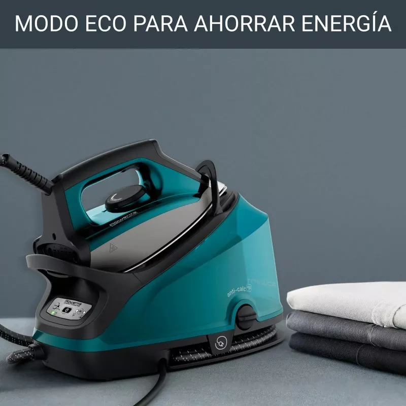 Centro planchado Rowenta DG7623F0 6,3 bar azul con modo eco, suela de cerámica y diseño compacto para un planchado eficiente.