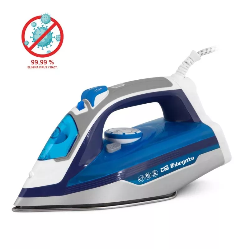 PLANCHA ORBEGOZO SV 2670 2600 W de color azul y plata, diseño ergonómico con base antiadherente y sistema de vapor.