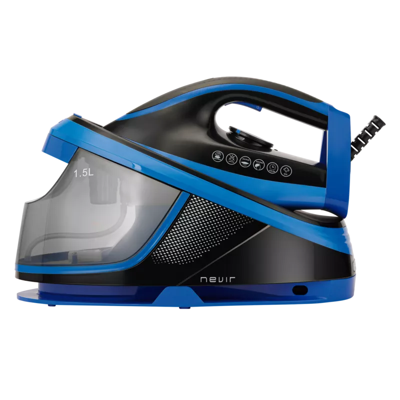 Centro planchado Nevir NVR-3600EP 2200W 1,5L azul y negro con depósito transparente y diseño ergonómico.